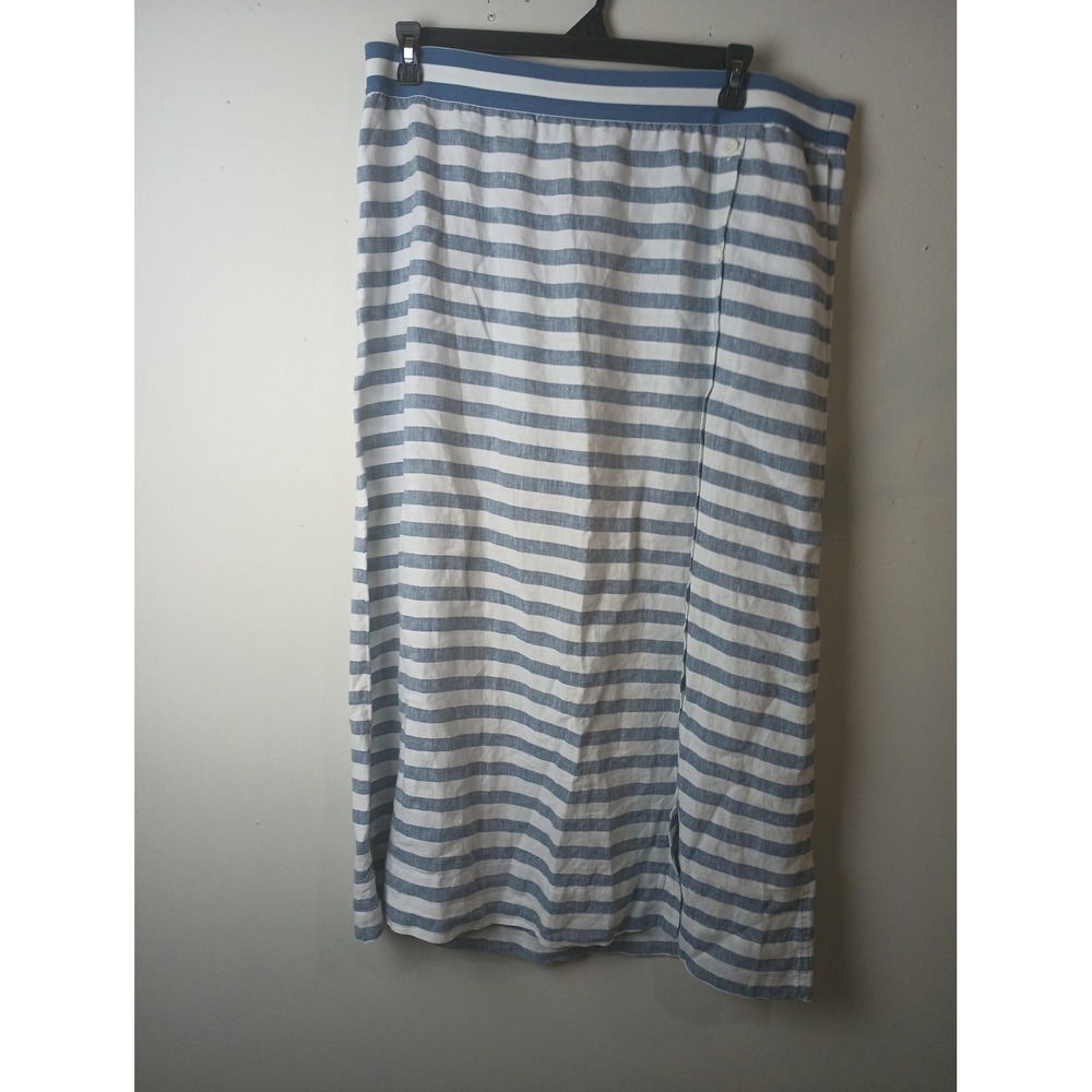 J. Jill Love Linen Blue White Striped Maxi Skirt XL Tall Button Side Slit Pocket